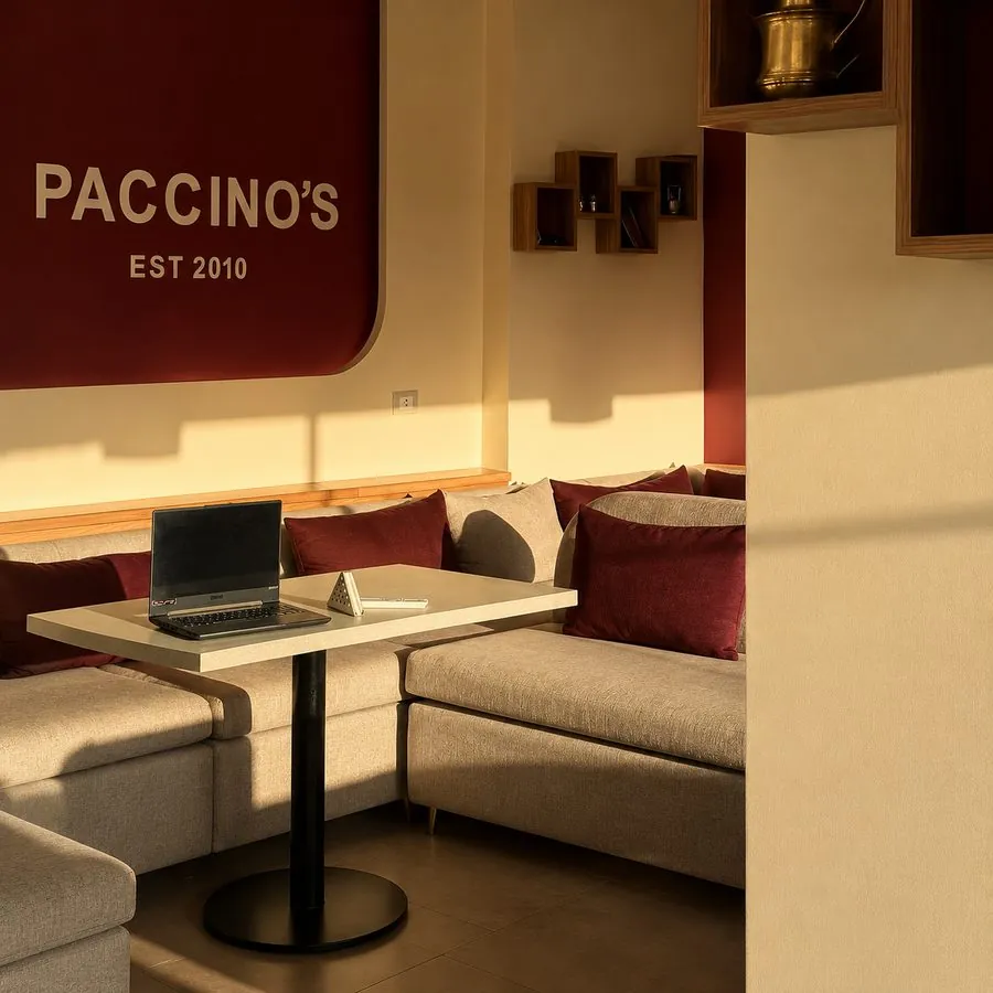 Work-friendly table with power outlets at Paccino's Minya